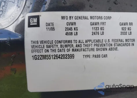 2006 Pontiac G6 Gtp from USA, damaged, VIN 1G2ZM551264202399